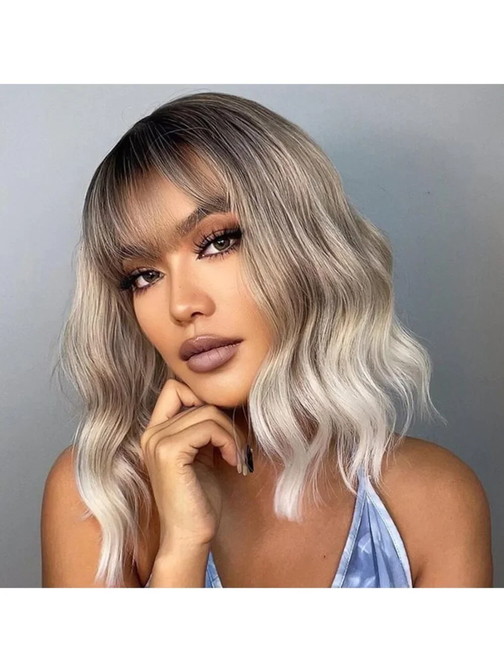 Women's Omber Blonde 14 Inch Heat Resistant Short Bangs Bob Modern Wavy Wigs